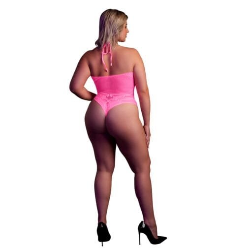 Halter Tie Neck Bodysuit Neon Pink Plus Size - Image 4