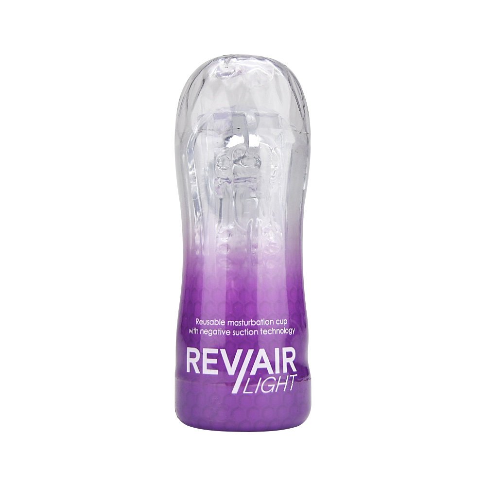 REV Air Light reusable masturbation cup with clear and purple design, visible internal texture