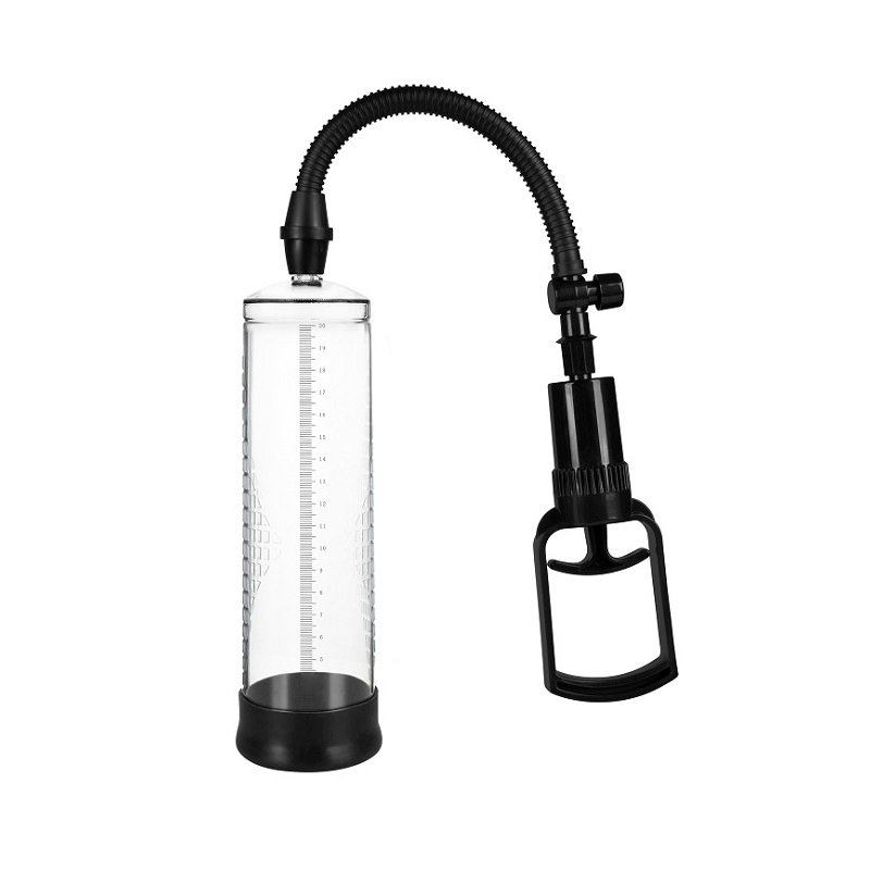 REV penis pump with clear cylinder, black trigger handle, and flexible hose, 8.5 inch measurement markings