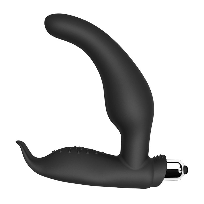 REV black prostate massager with curved shaft and textured perineum stimulator, bullet vibrator base