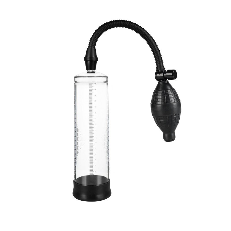 REV penis pump with clear cylinder, measurement markings, black base, and bulb pump attachment