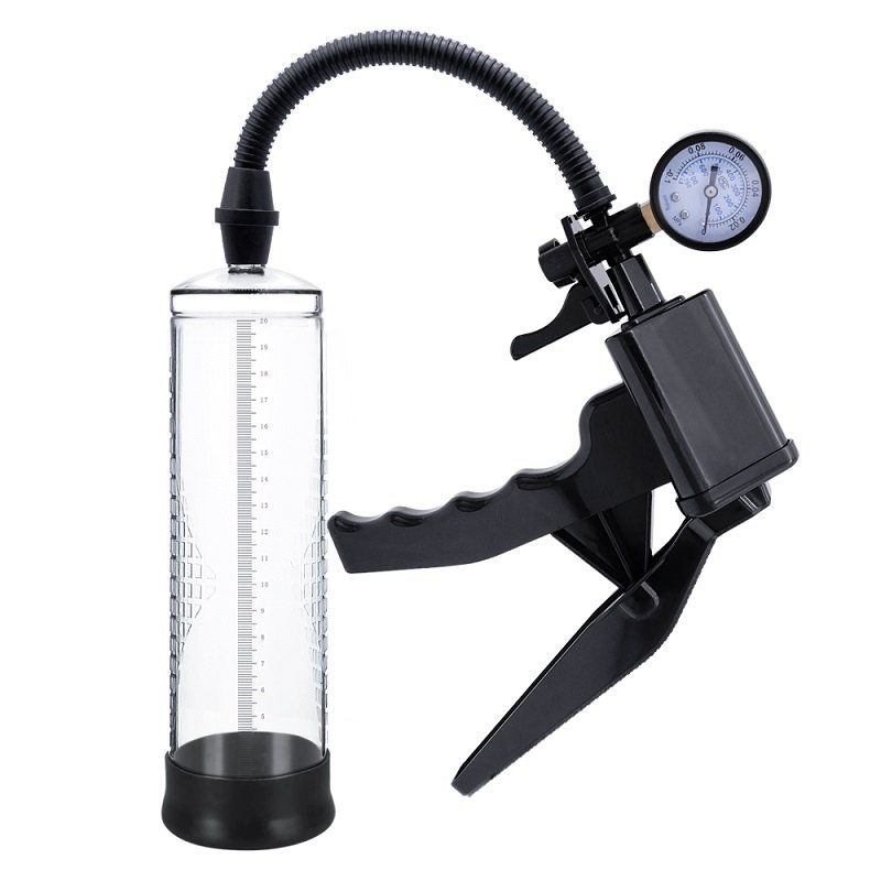 REV penis pump with clear measurement cylinder, black pistol grip handle, flexible hose, and pressure gauge