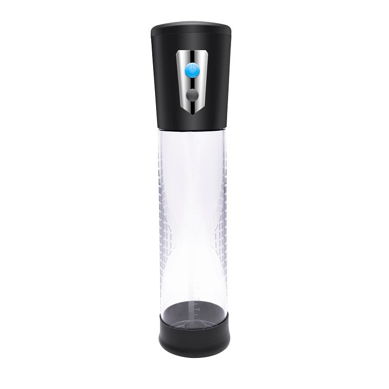 REV automatic penis pump with clear textured cylinder, black base and top, and blue power button