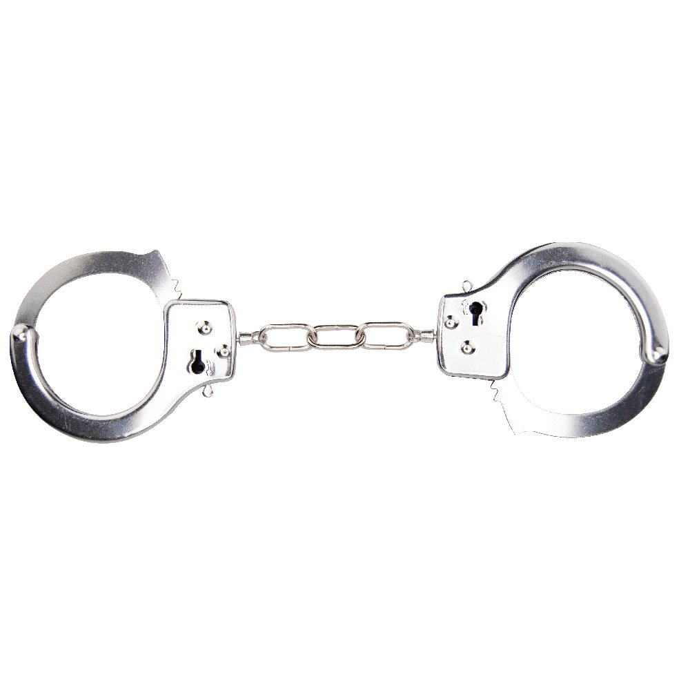 Bound to Play heavy duty metal handcuffs with chain link, silver finish, open position