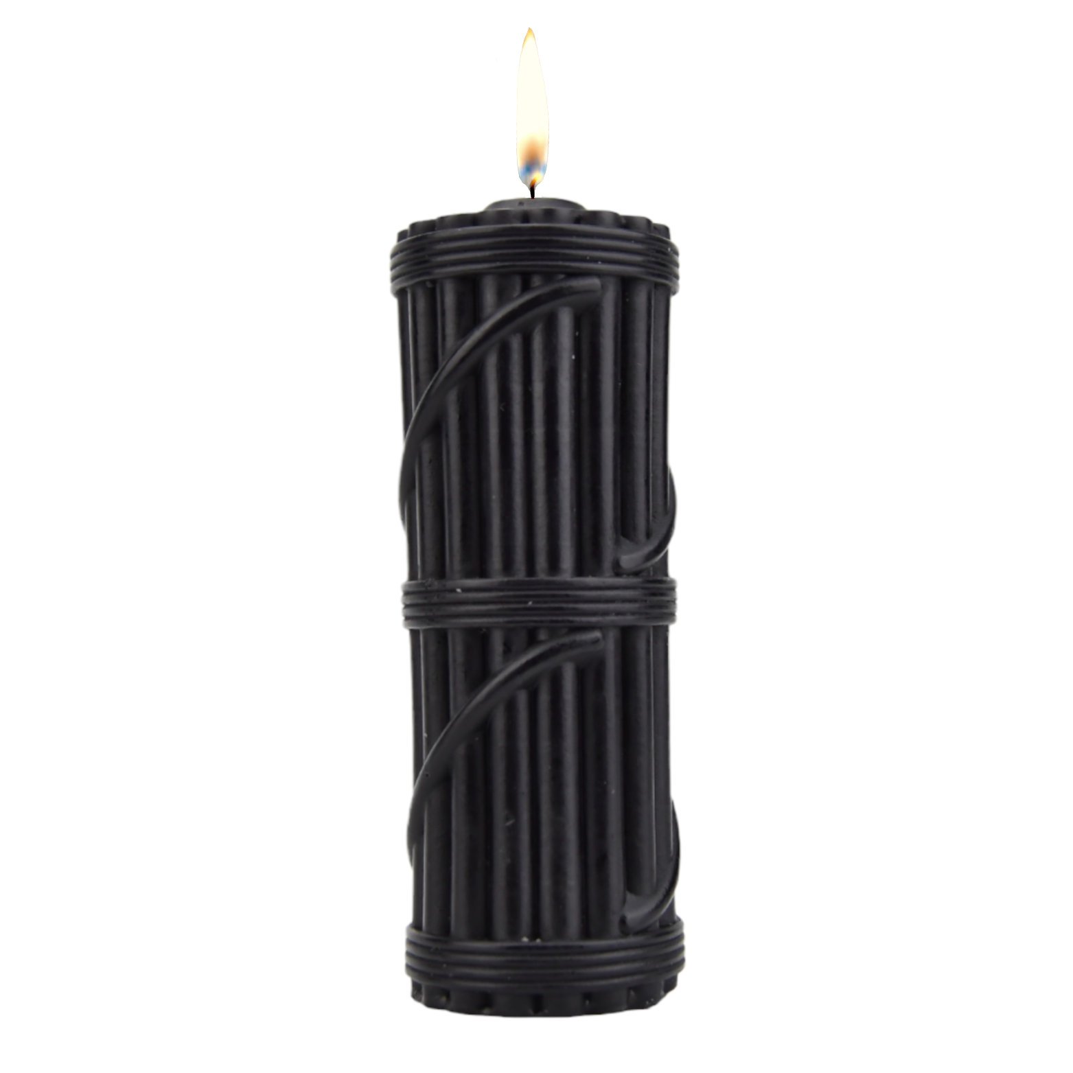 black cylindrical massage candle with textured vertical ridges and a lit flame on top