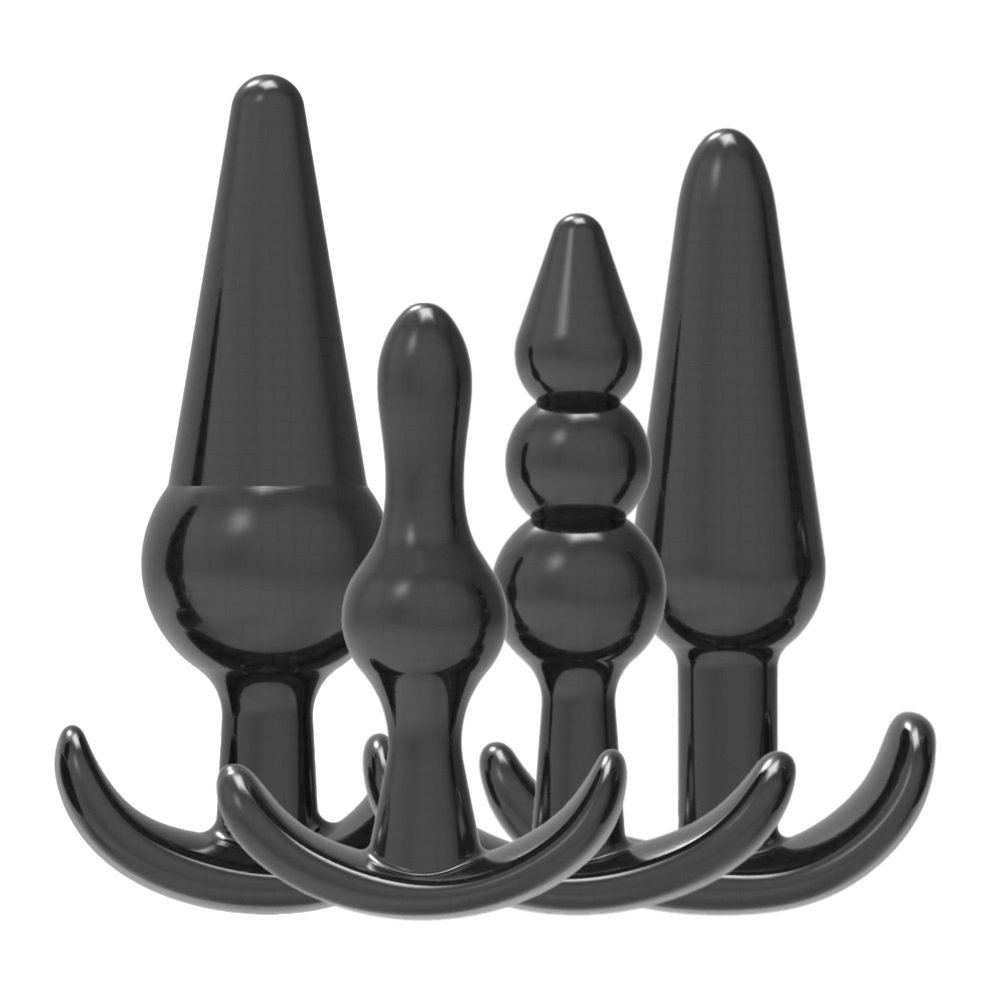 Loving Joy black butt plug training kit with four differently shaped plugs and curved bases