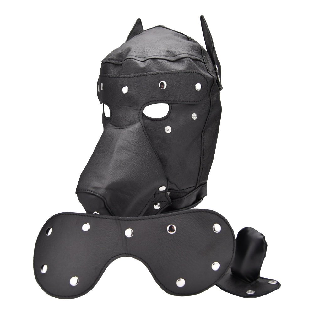 Bound to Please black dog mask with pointed ears, eye holes, and detachable blindfold, designed for bondage play