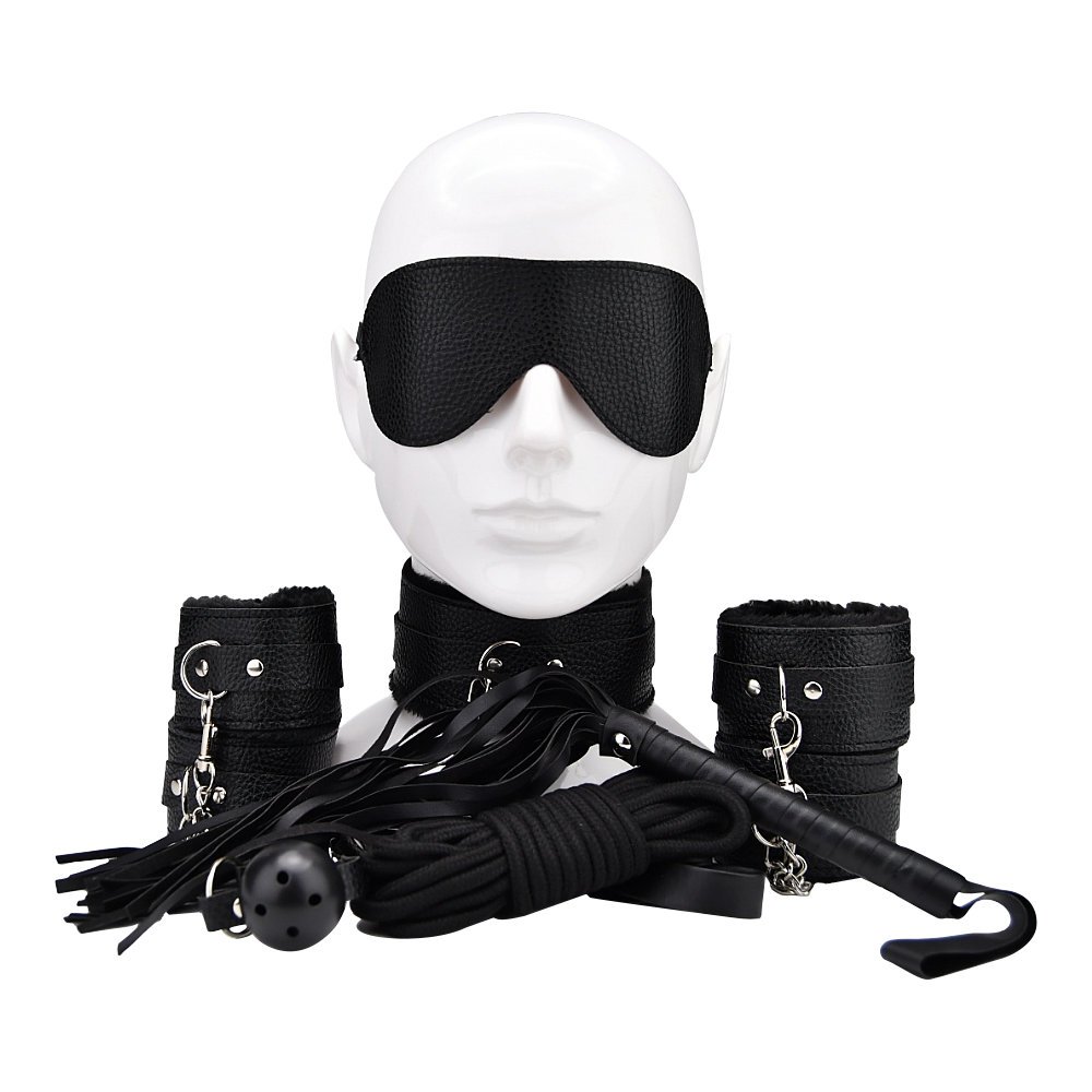 Bound to Play black beginner's bondage kit with blindfold, cuffs, collar, rope, ball gag, and flogger