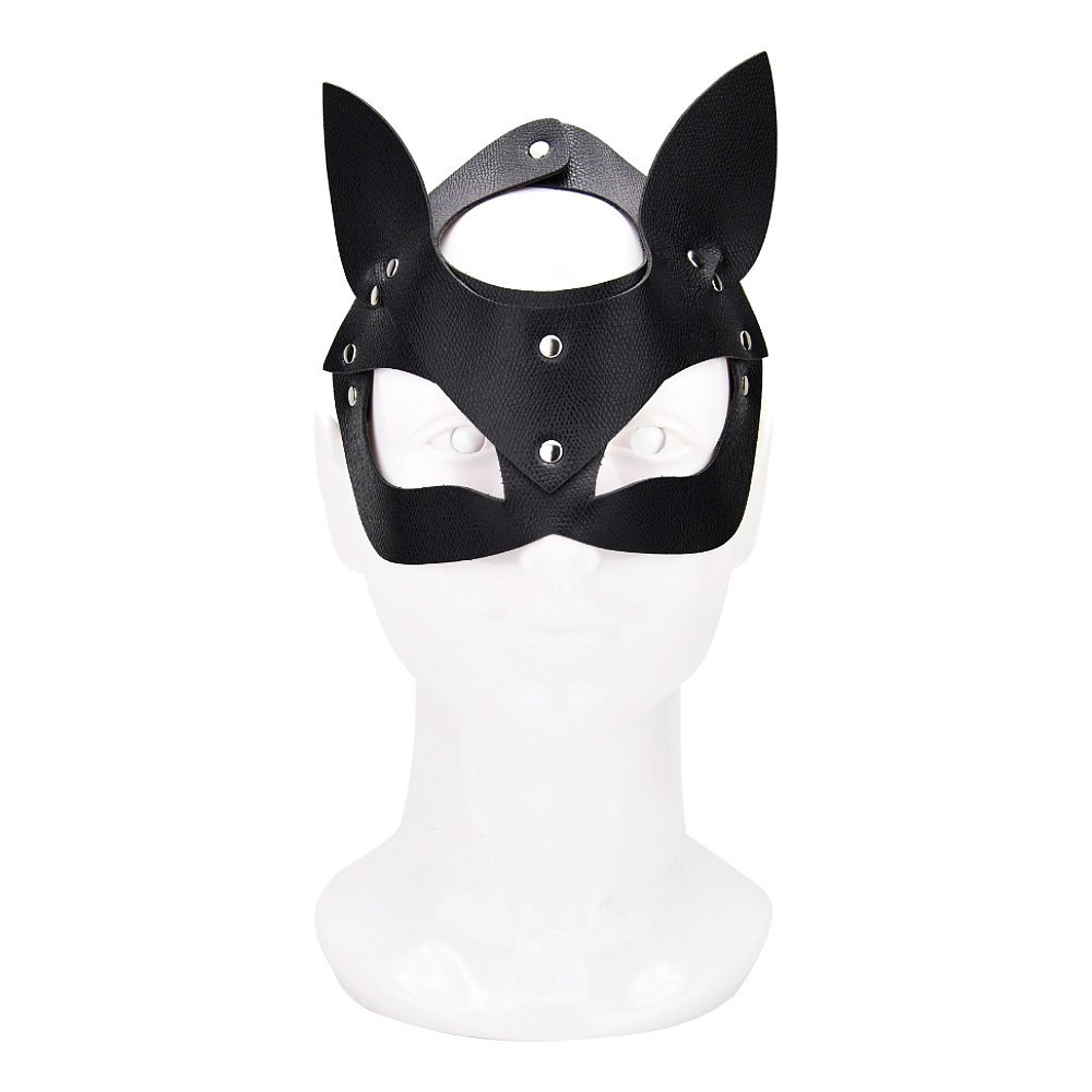 Bound to Play black kitty cat face mask with pointed ears and metal rivets on mannequin head