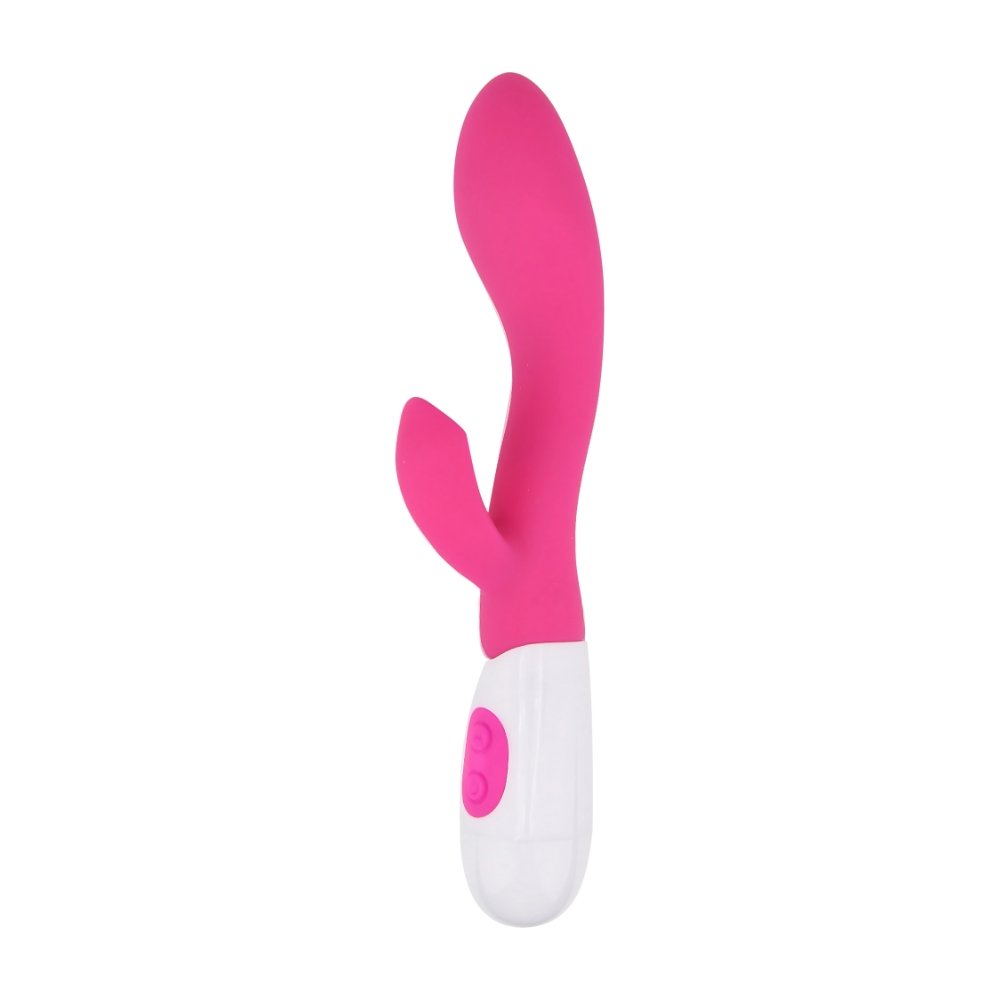 Loving Joy pink G-spot rabbit vibrator with curved shaft and dual stimulation, white base with control buttons