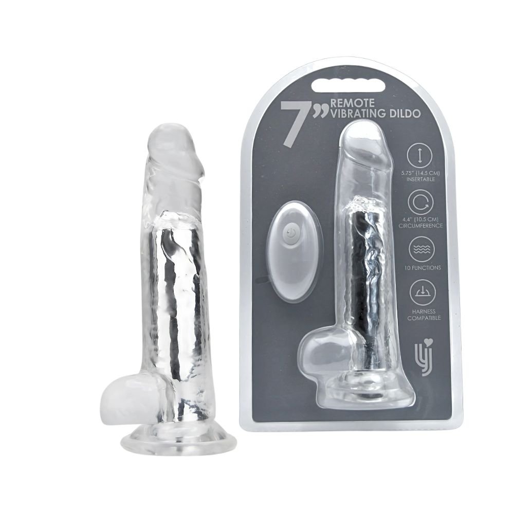 Loving Joy 7 inch clear vibrating dildo with remote control, suction base, and retail packaging