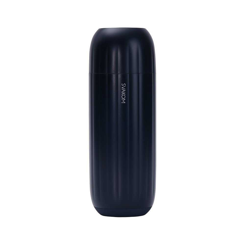 Svakom Sam Neo 2 black cylindrical masturbator with vertical grooves and brand logo