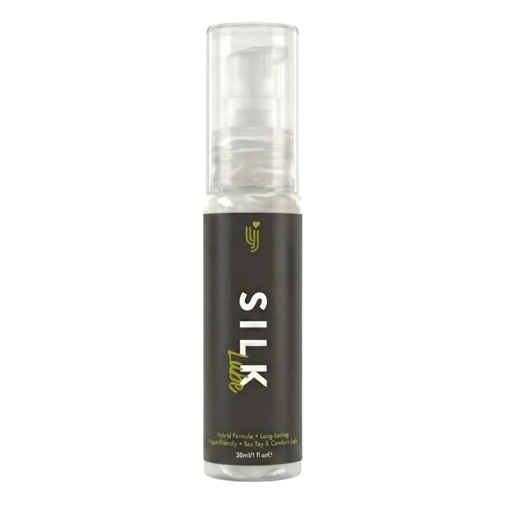 Loving Joy Silk Hybrid Lubricant 30ml bottle with black label and pump cap, hybrid formula, vegan friendly