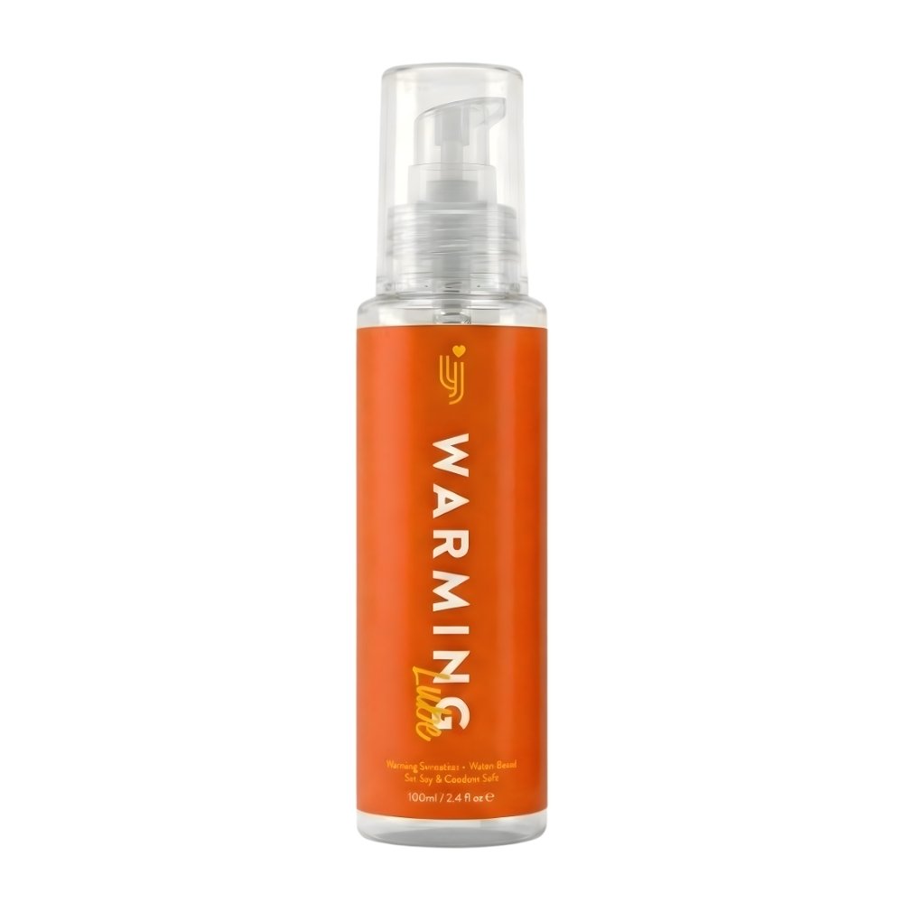 Loving Joy Warming Lubricant 100ml bottle with orange label and pump dispenser, water-based formula