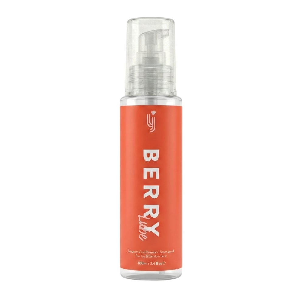 Loving Joy Berry Lube 100ml water-based lubricant in a red pump bottle with white text