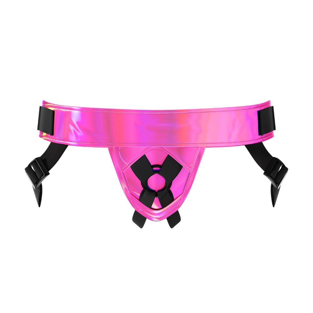 MINA pink strap-on harness with adjustable black straps and O-ring front, designed for secure fit