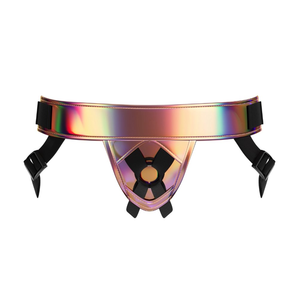 MINA shimmer strap-on harness with iridescent waistband, adjustable black straps, and O-ring front