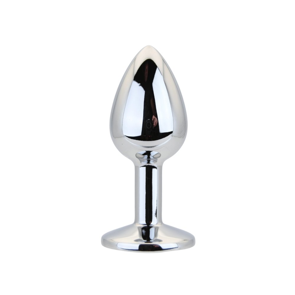 Small silver metal butt plug with clear stone base, Toosh brand, tapered shape, reflective finish