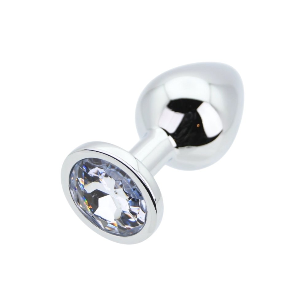 Toosh silver metal butt plug medium with clear gem base, tapered shape, reflective finish