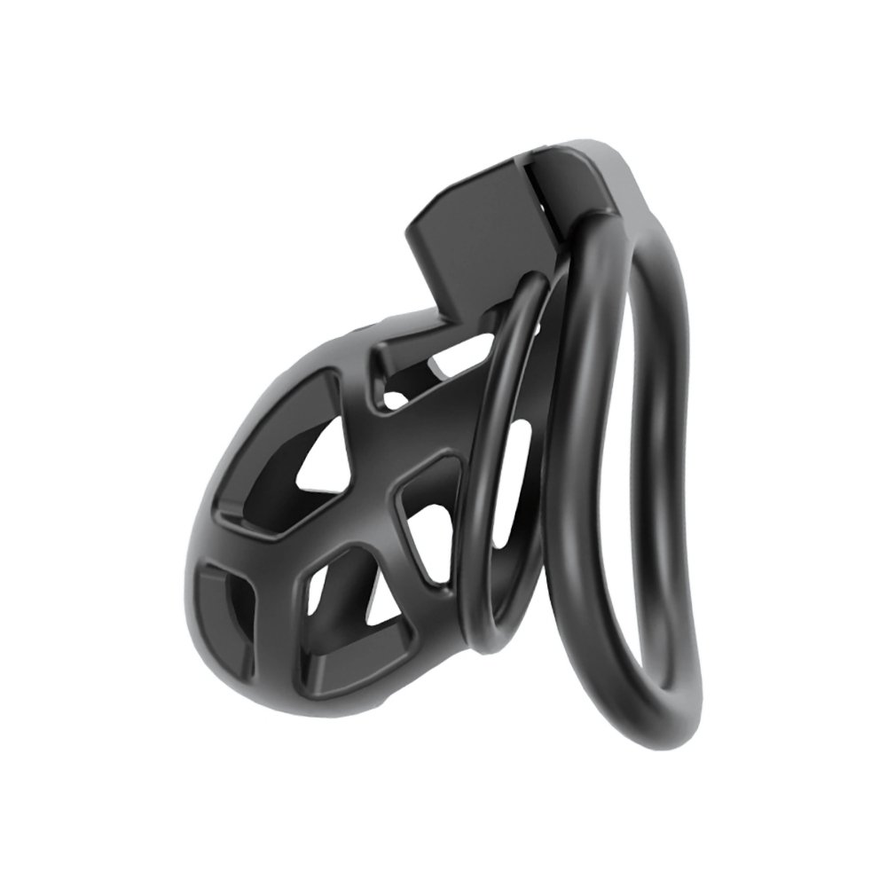 Impound Sentinal black chastity cage with open geometric design and attached ring