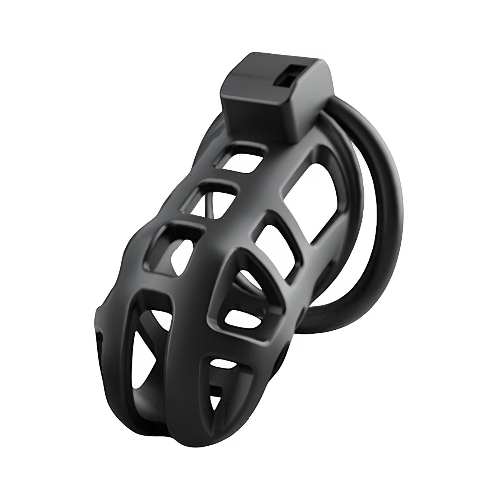 Impound Titan black chastity cage with open grid design and attached ring for secure fit