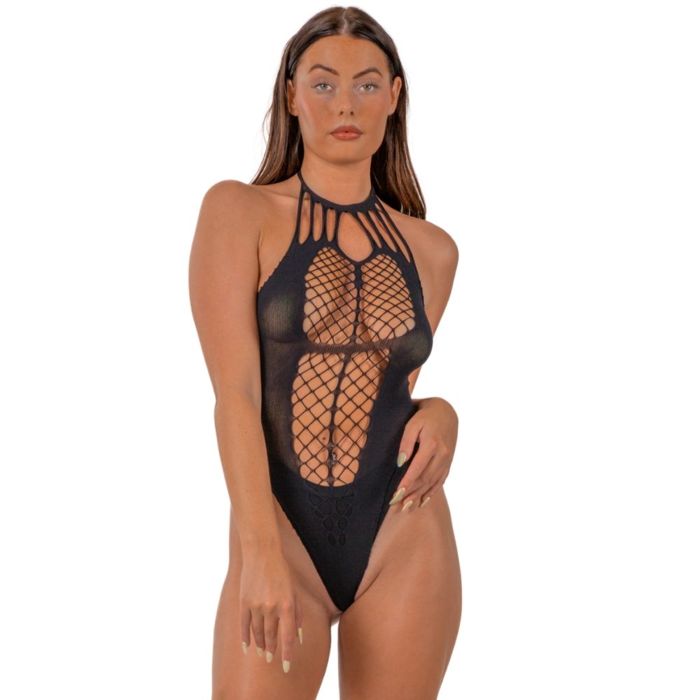 black strappy halter teddy with fishnet front panel and cut-out details from Lace, shown on model