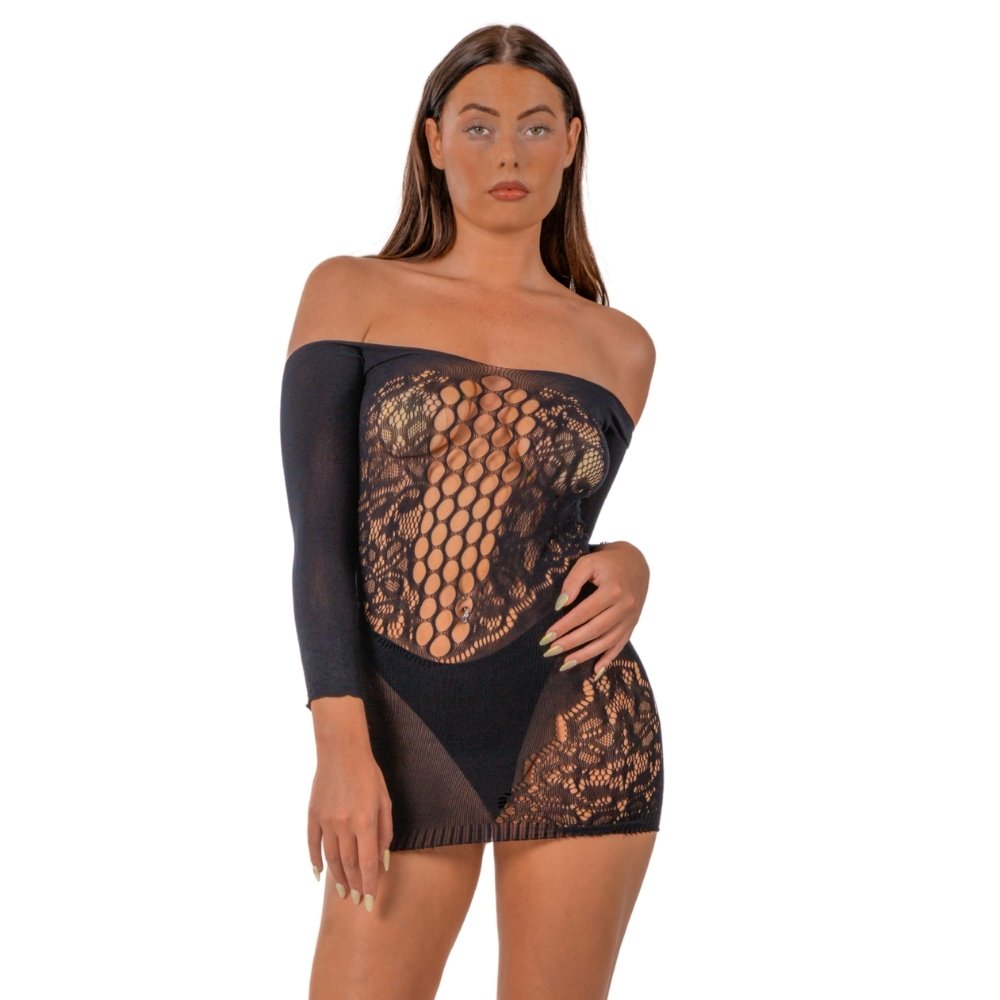 off the shoulder black mini dress with lace and mesh detailing, long sleeve on one arm