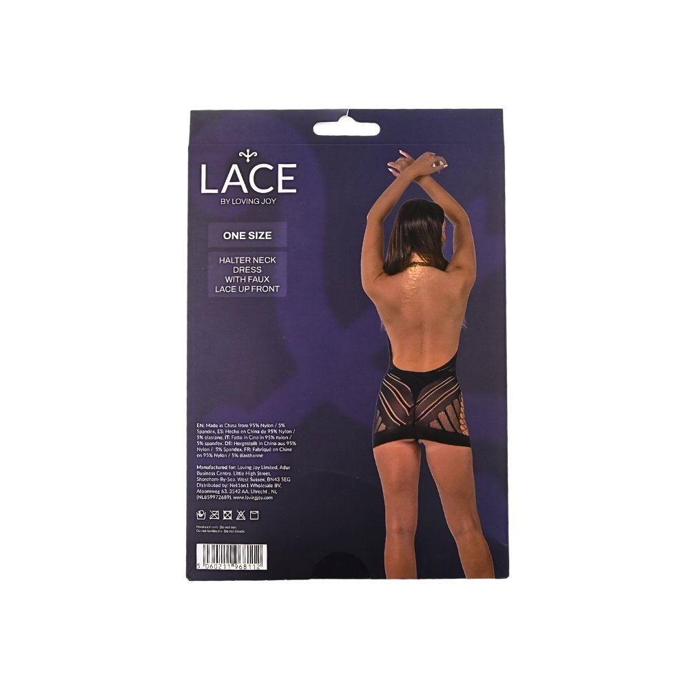 Lace by LJ Halter Neck Dress with Faux Lace Up Front Black - Image 6