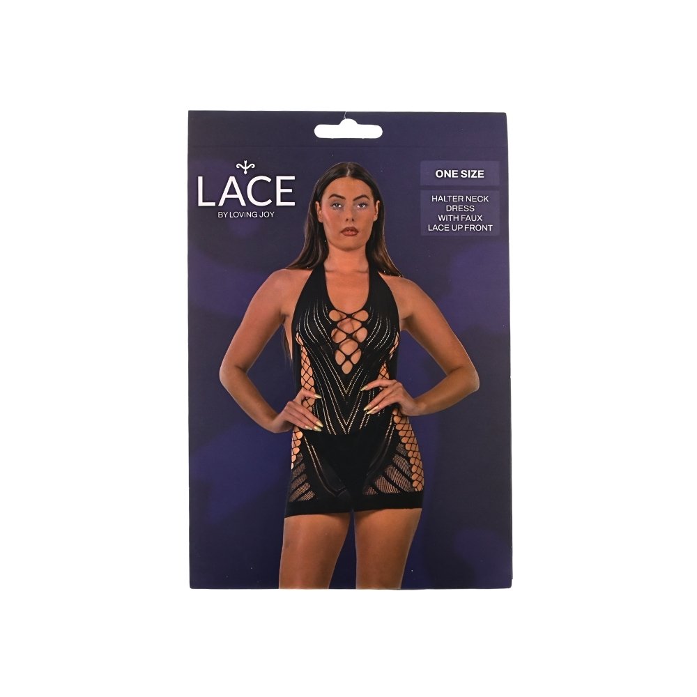Lace by LJ Halter Neck Dress with Faux Lace Up Front Black - Image 5