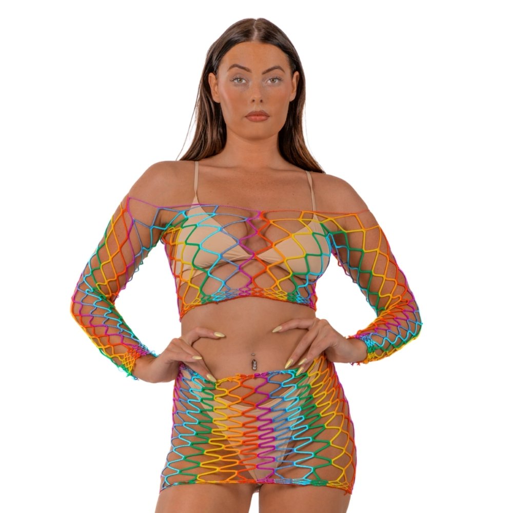 rainbow mesh crop top and skirt set with long sleeves and off-shoulder design