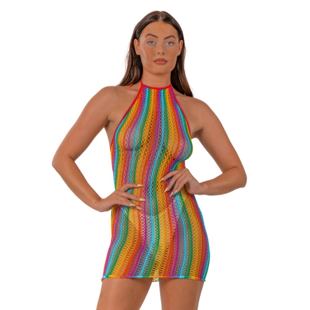 Rainbow halter neck mini dress with multicolored mesh pattern and sleeveless design
