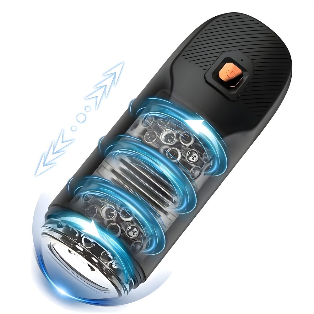 REV rotating and thrusting male masturbator with transparent textured sleeve and control button