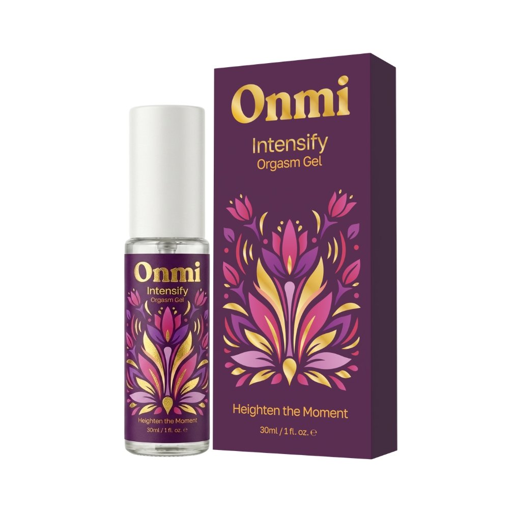 Onmi Intensify Orgasm Gel 30ml bottle and box with purple and gold floral design, Creams and Sprays category