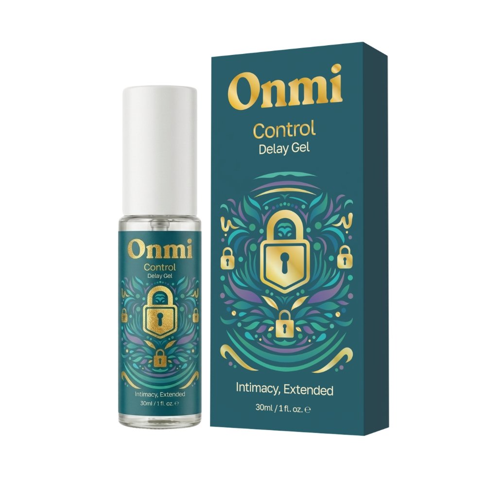 Onmi Control Delay Gel 30ml bottle and box with gold lock design and teal background