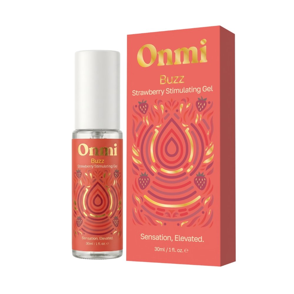 Onmi Buzz Strawberry Stimulating Gel bottle and box with red and gold design, labeled 30ml / 1 fl oz