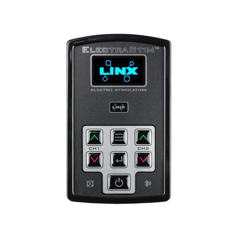 ElectraStim Linx electro stimulator device with digital display and control buttons for fetish use