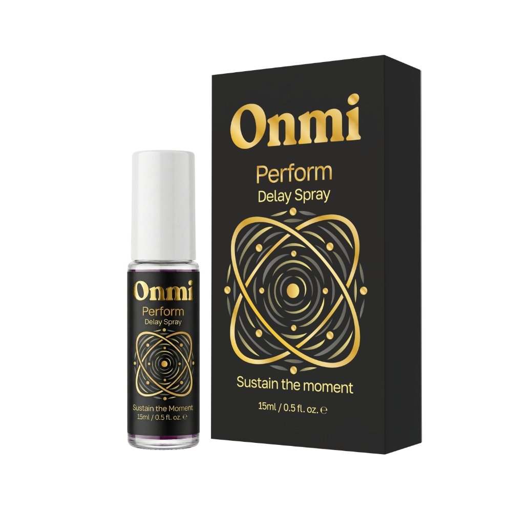 Onmi Perform Delay Spray 15ml bottle and box with gold design, suitable for creams and sprays category