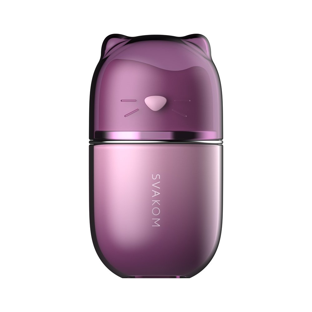 Purple cat-shaped stimulator with SVAKOM branding, smooth finish, and compact design