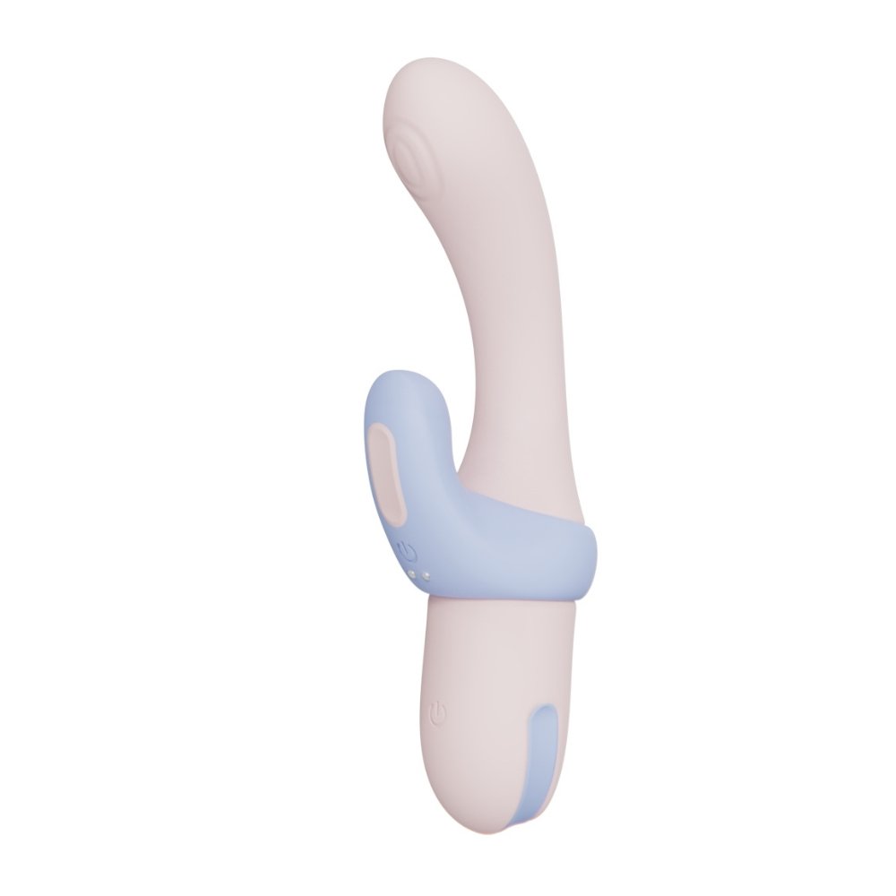 Curved rabbit vibrator with a detachable blue ring attachment and visible power buttons