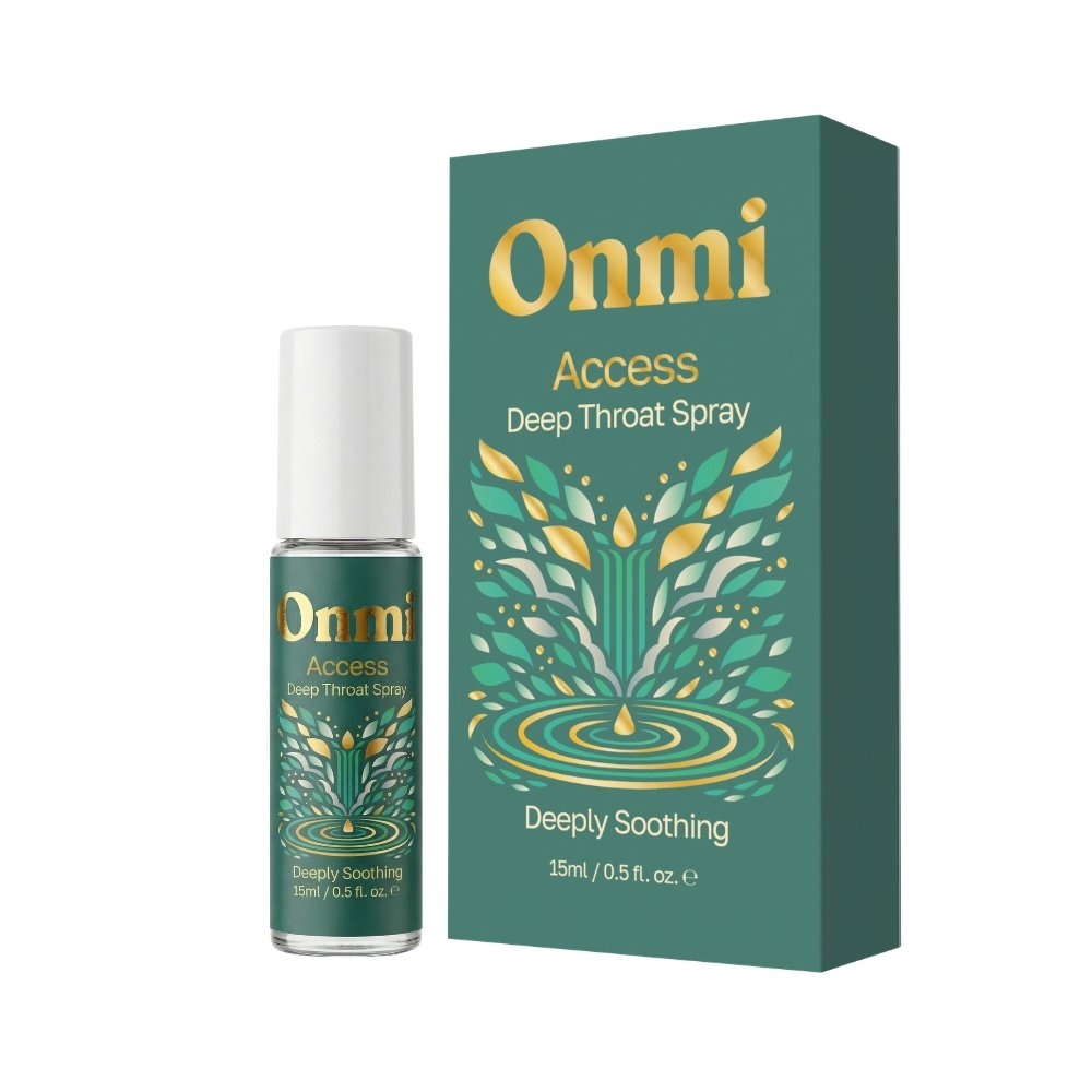 Onmi Access Deep Throat Spray 15ml bottle and box with green and gold design, labeled 'Deeply Soothing'