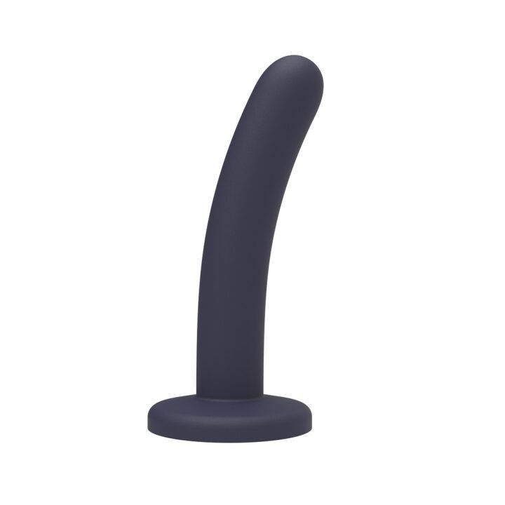 Curved dark silicone dildo with a flared base on a white background